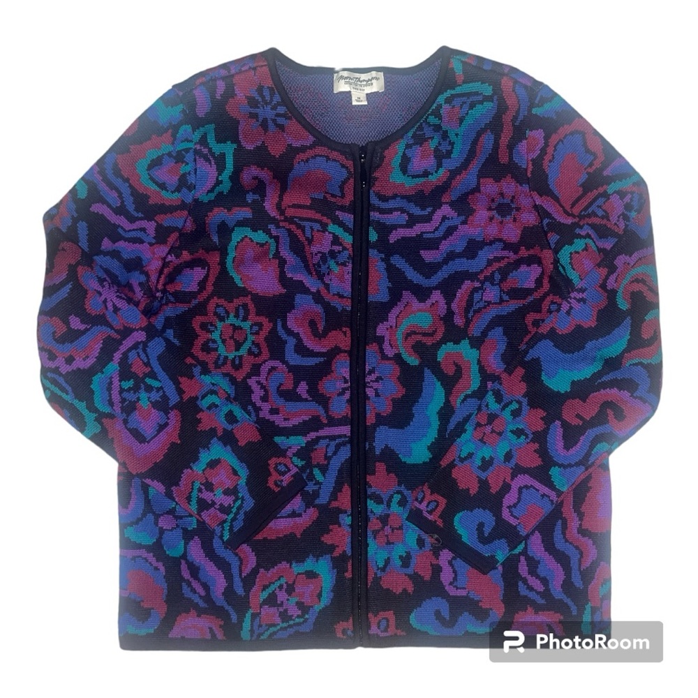 Women's VTG Norm Thompson Knit Front Zip Jacket Cotton Jewel Tone Size Medium